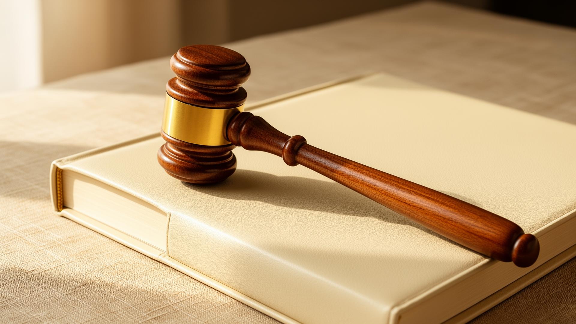 Refined auctioneer's gavel resting on a leather folio — a curated, premium process
