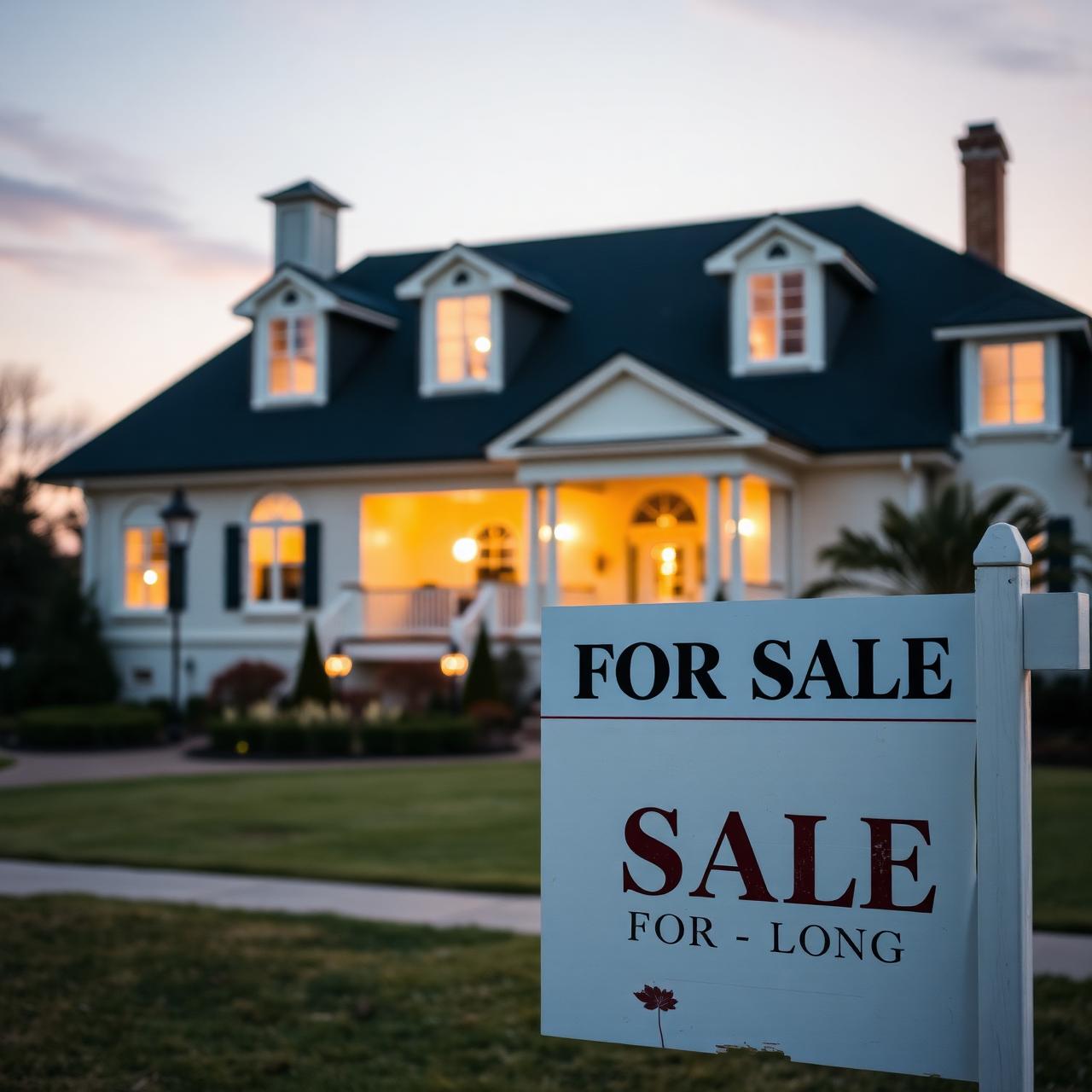 Luxury home at dusk with a weathered For Sale sign