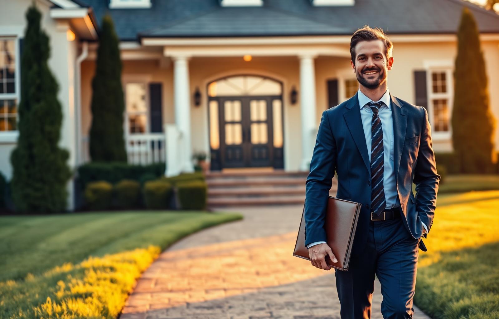 Confident agent walking up to a luxury home at golden hour