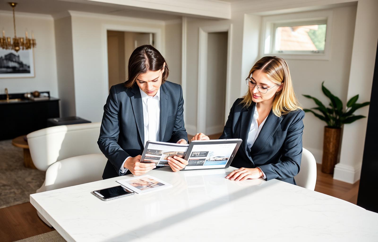 Two real estate professionals reviewing campaign materials in a luxury home